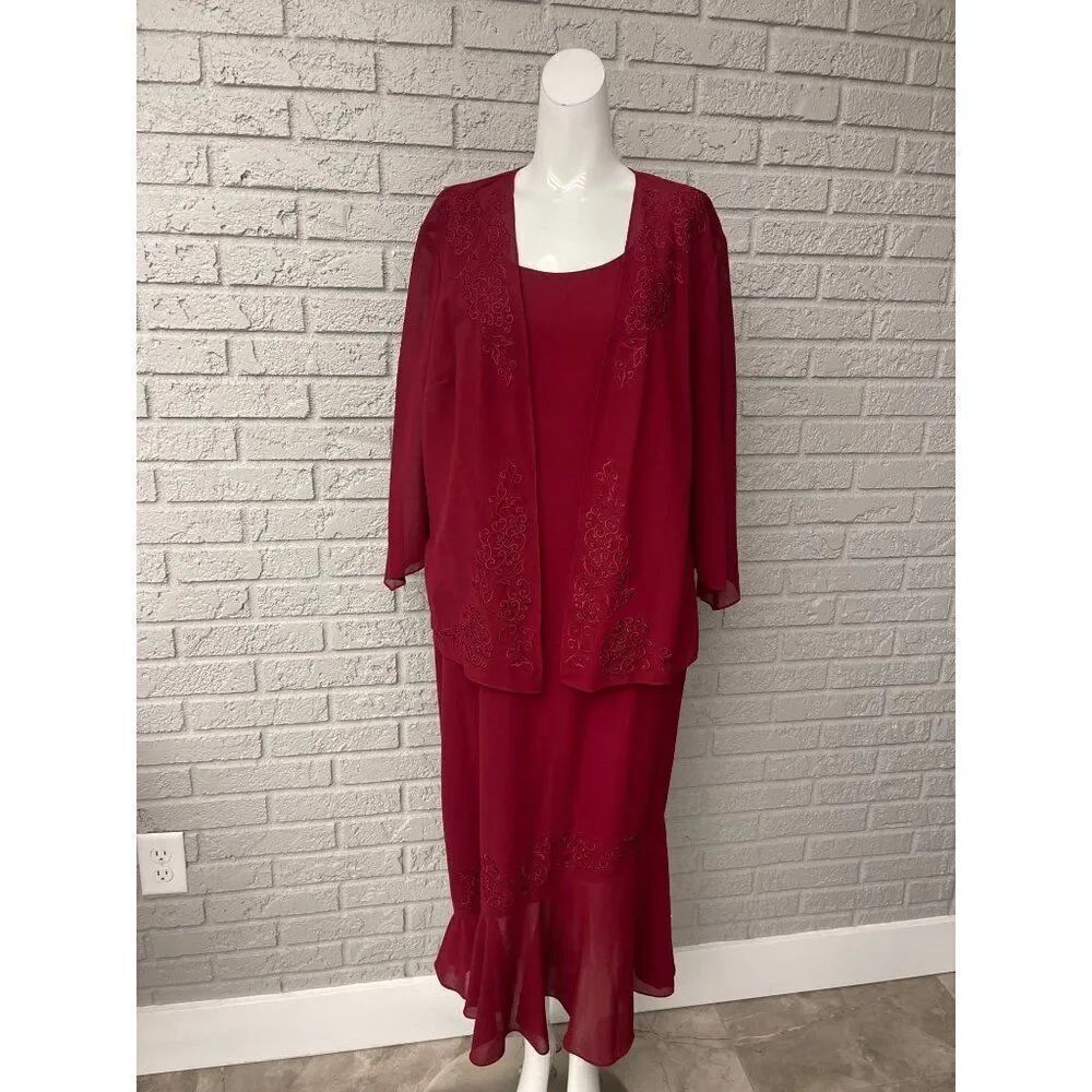 Plaza South Women Burgundy Embroidered Dress & Jacket 2 Piece Set Size 16